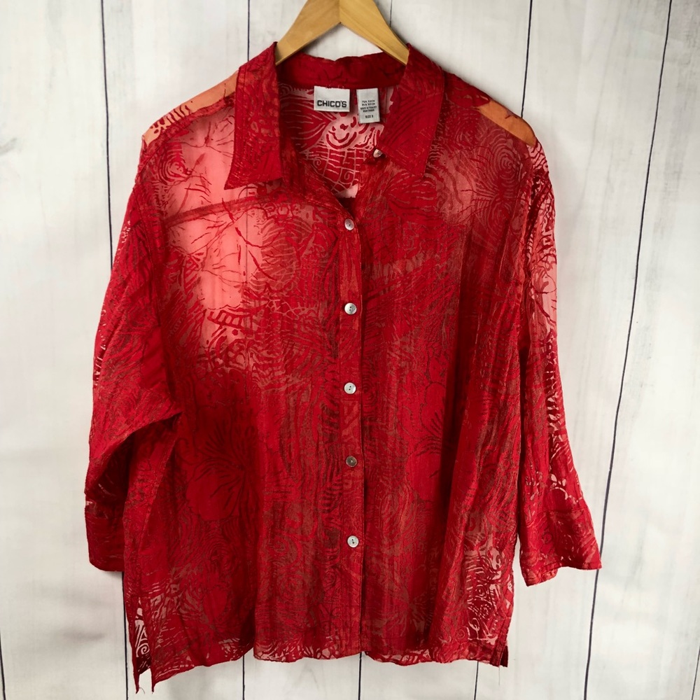 Chico’s Red Sheer Button Down Long Sleeve (h13